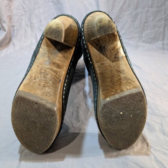 Sanita Black Suede Pattern Mid Calf Wooden Clog Heel Boots Women Size 37 - Picture 10 of 11